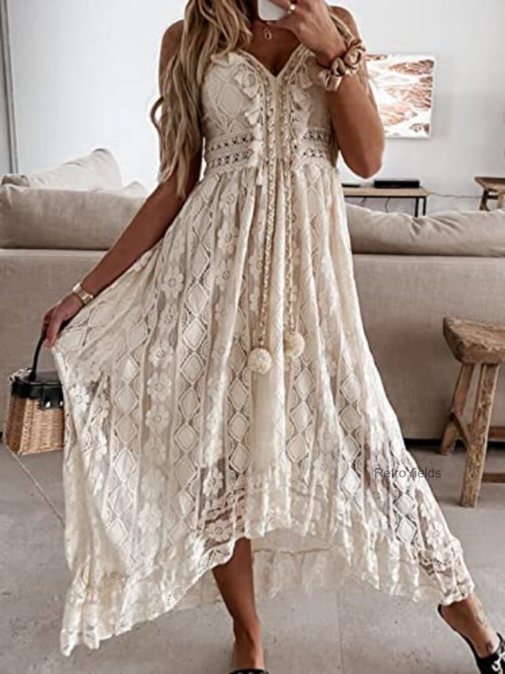 Sleeveless Lace Tassel Beach Maxi Dress Spaghetti Straps Flowy Casual - Picture 2 of 7